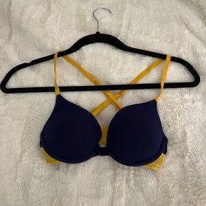 Pink Victoria’s Secret 32 B Push Up Navy and mustard yellow
